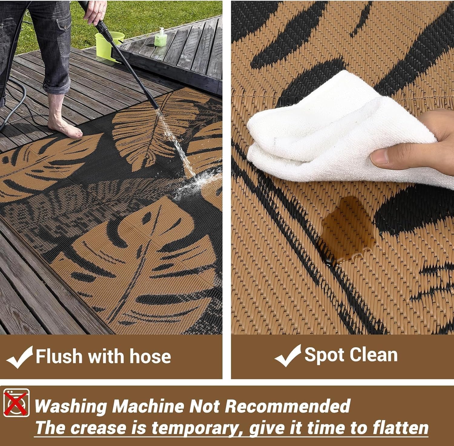 9X12 Outdoor Rug Waterproof Foldable Plastic Straw Carpet for Patio Porch Modern Leaf Print Reversible Mat Lightweight Floor Mat for Picnic, Rv, Beach, Deck, Camper, Balcony，Black/Brown