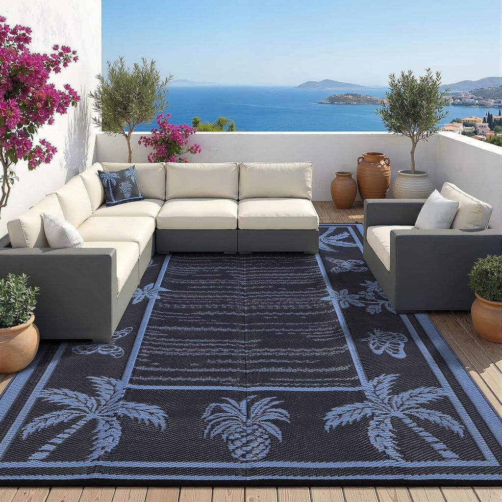 Outdoor Rug 8X10 Waterproof for Patios, Reversible Plastic Straw Rug, Tropical Leaf Indoor Outdoor Rugs, Large Area Rug for RV, Camping, Deck, Picnic Mat, outside Carpet