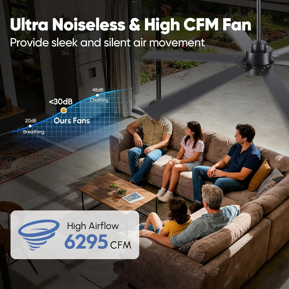 66 Inch Outdoor Smart Ceiling Fan with Light, Works with Alexa, App & Remote Control, Black Modern Style with 6 Blades, High CFM Quiet DC Motor, Damp Rated for Covered Patio & Large Indoor Living Room