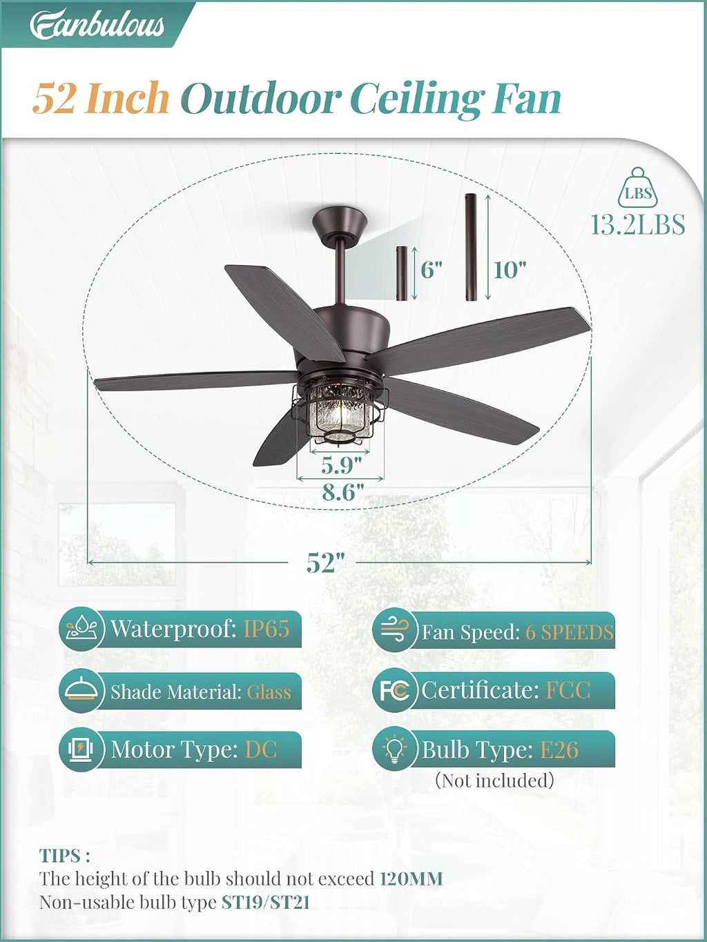 52" Outdoor Ceiling Fans with Lights and Remote Control IP65 Waterproof