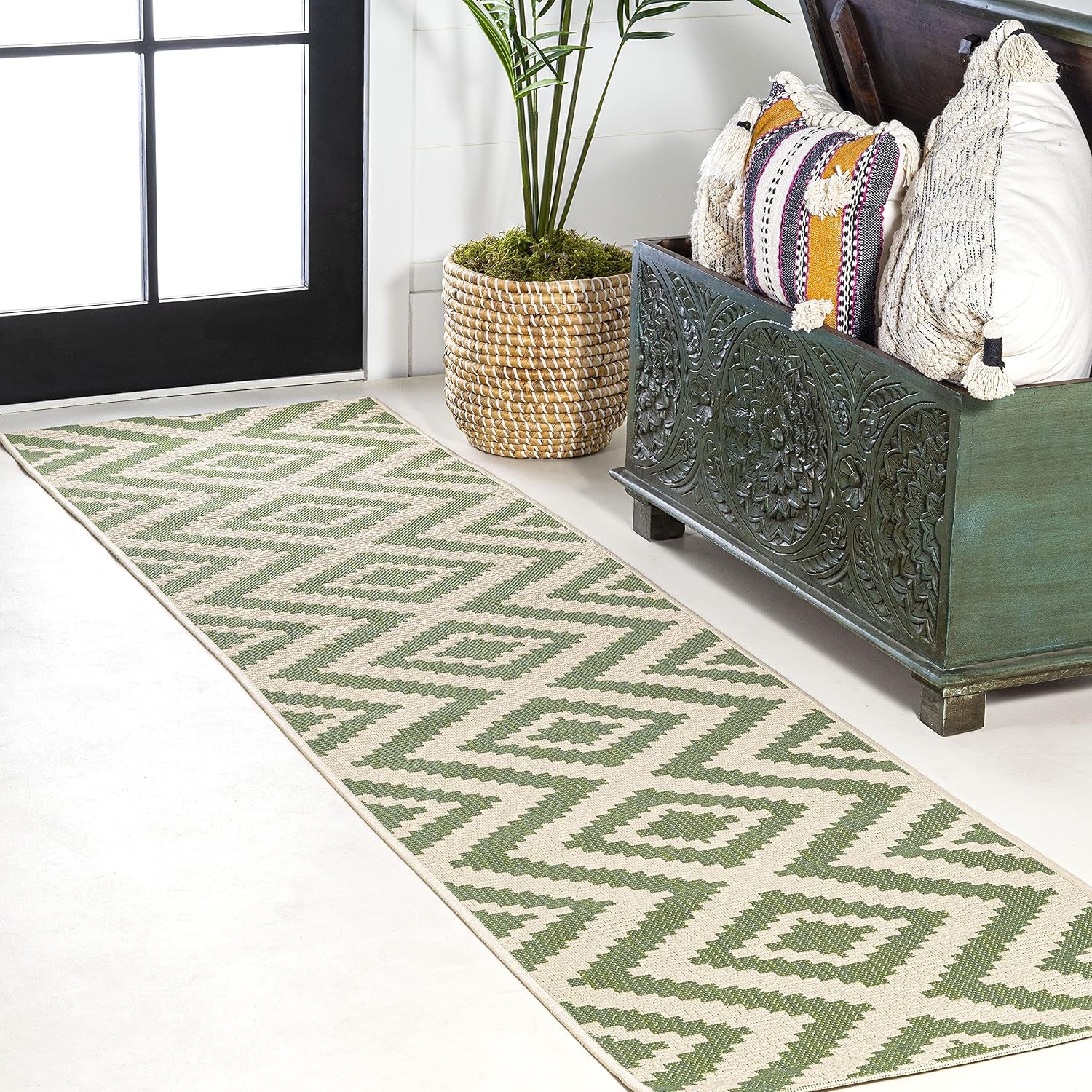 Diamond Tribal Indoor Outdoor Runner Rug 2X8 Green/Cream, Sintra for Backyard, Patio, Porch, Easy-Cleaning, High Traffic, Pet-Friendly, Non-Shedding (SMB116B-28)