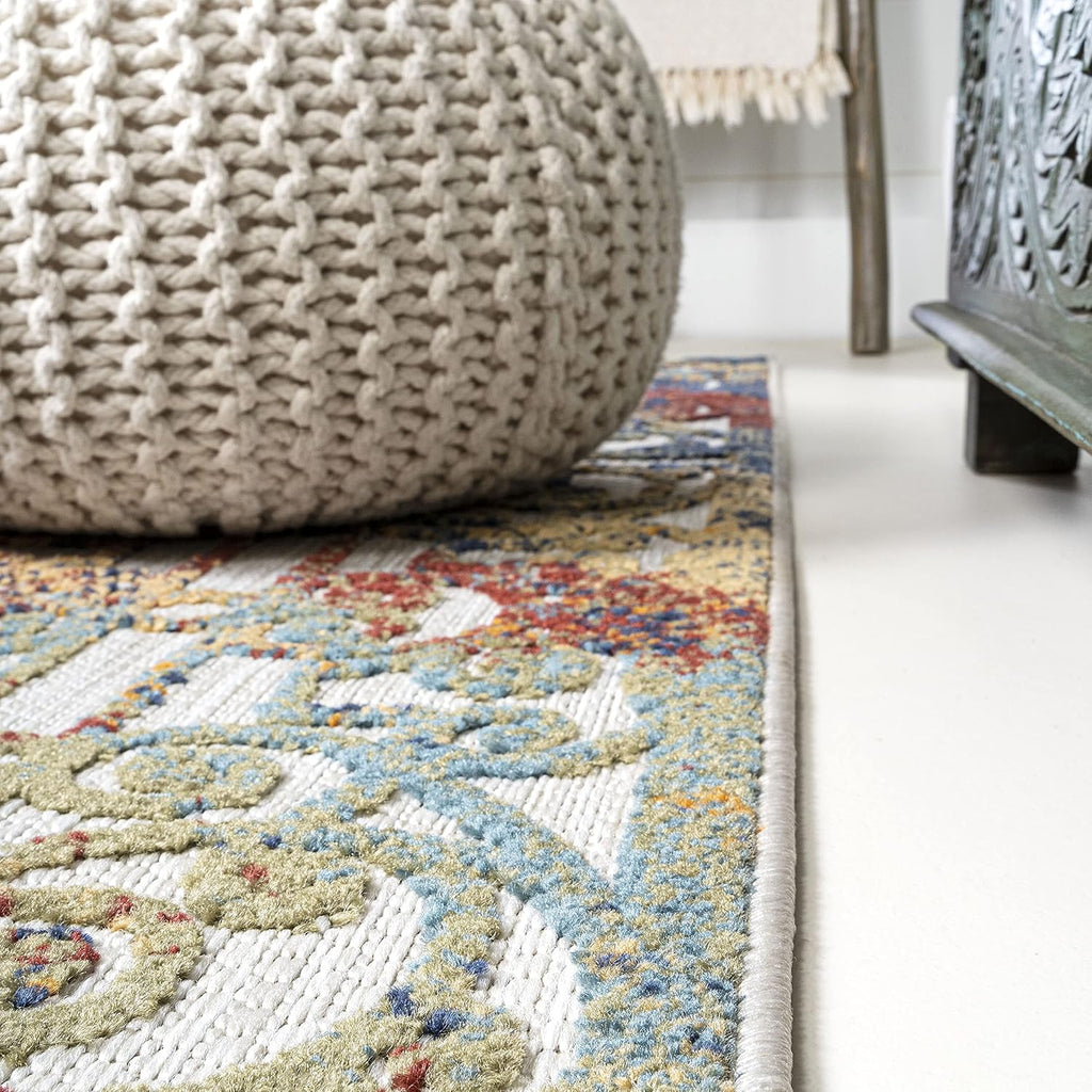Ornate Trellis Indoor Outdoor Runner Rug 2X8 Cream/Blue/Orange, Cetara for Backyard, Patio, Porch, Easy-Cleaning, High Traffic, Pet-Friendly, Non-Shedding (AMC111A-28)