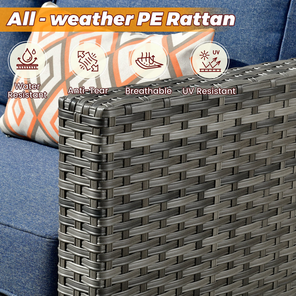 Outdoor Patio Furniture Sets with Solar Coffee Table, All-Weather Wicker Rattan Outdoor Furniture Conversation Set for Porch, Patio, Backyard--Blue