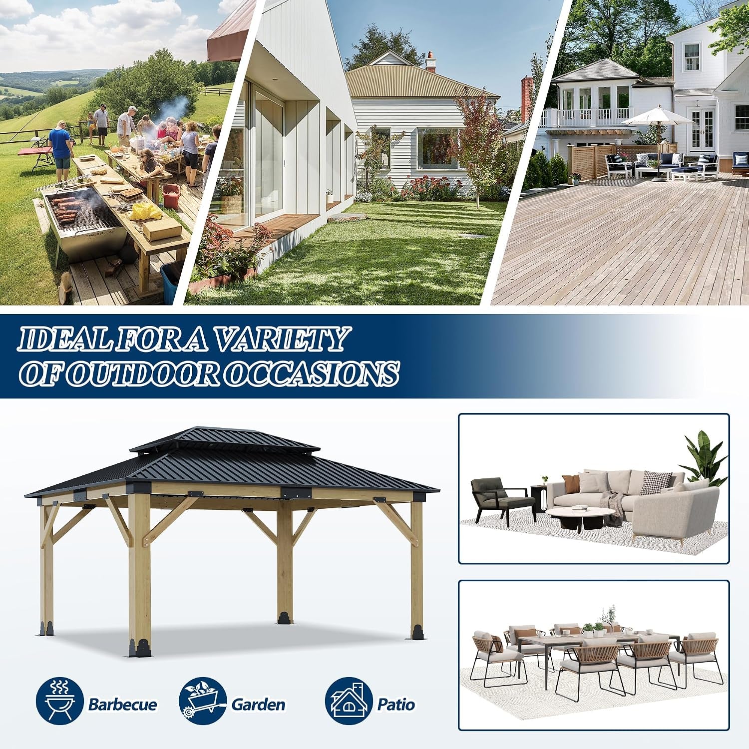 13FT X 15FT Outdoor Wooden Gazebo, Beige