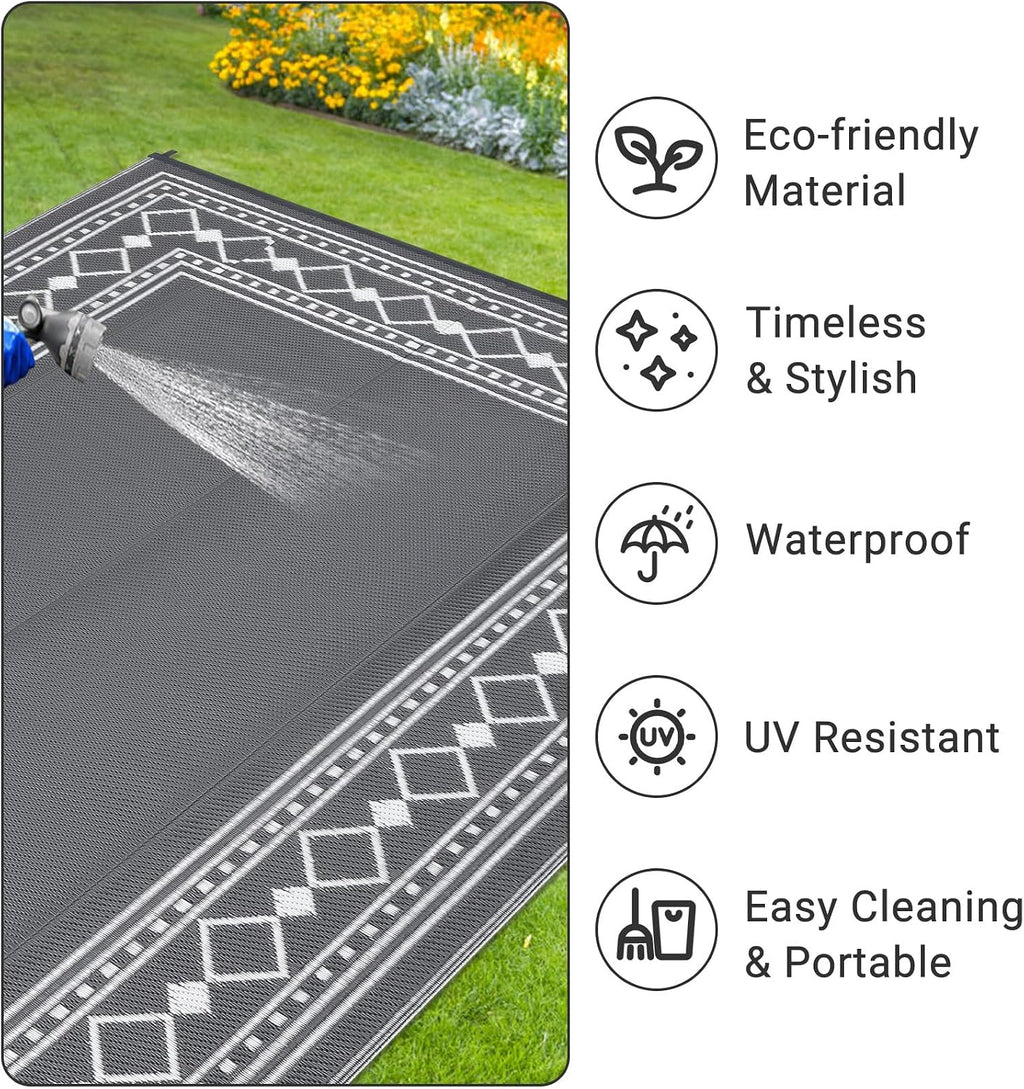 Large Outdoor Rug 10X14 Waterproof Patio Modern Border Reversible Camping Mat Plastic Straw Outdoor Rug for Patio, RV, Deck, Balcony, Backyard, Picnic, Beach, Clover,Grey