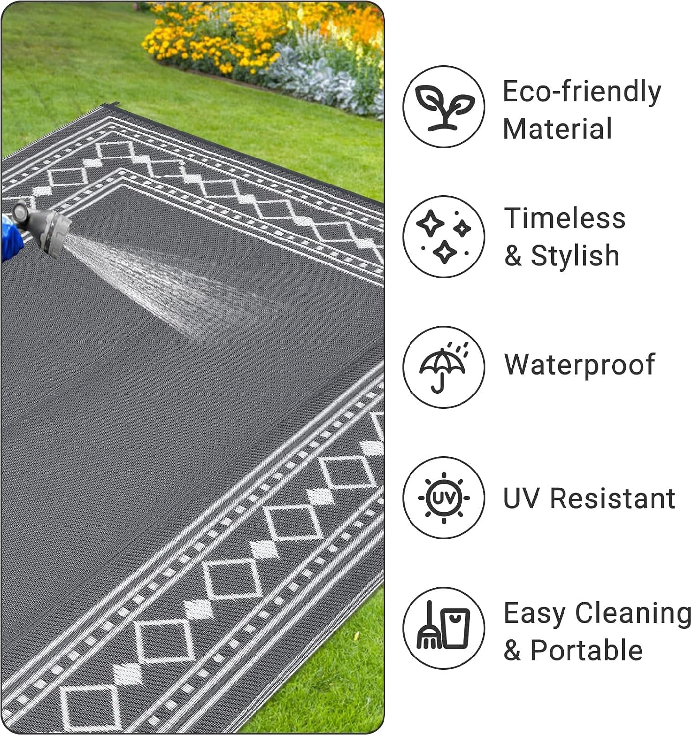 Large Outdoor Rug 10X14 Waterproof Patio Modern Border Reversible Camping Mat Plastic Straw Outdoor Rug for Patio, RV, Deck, Balcony, Backyard, Picnic, Beach, Clover,Grey