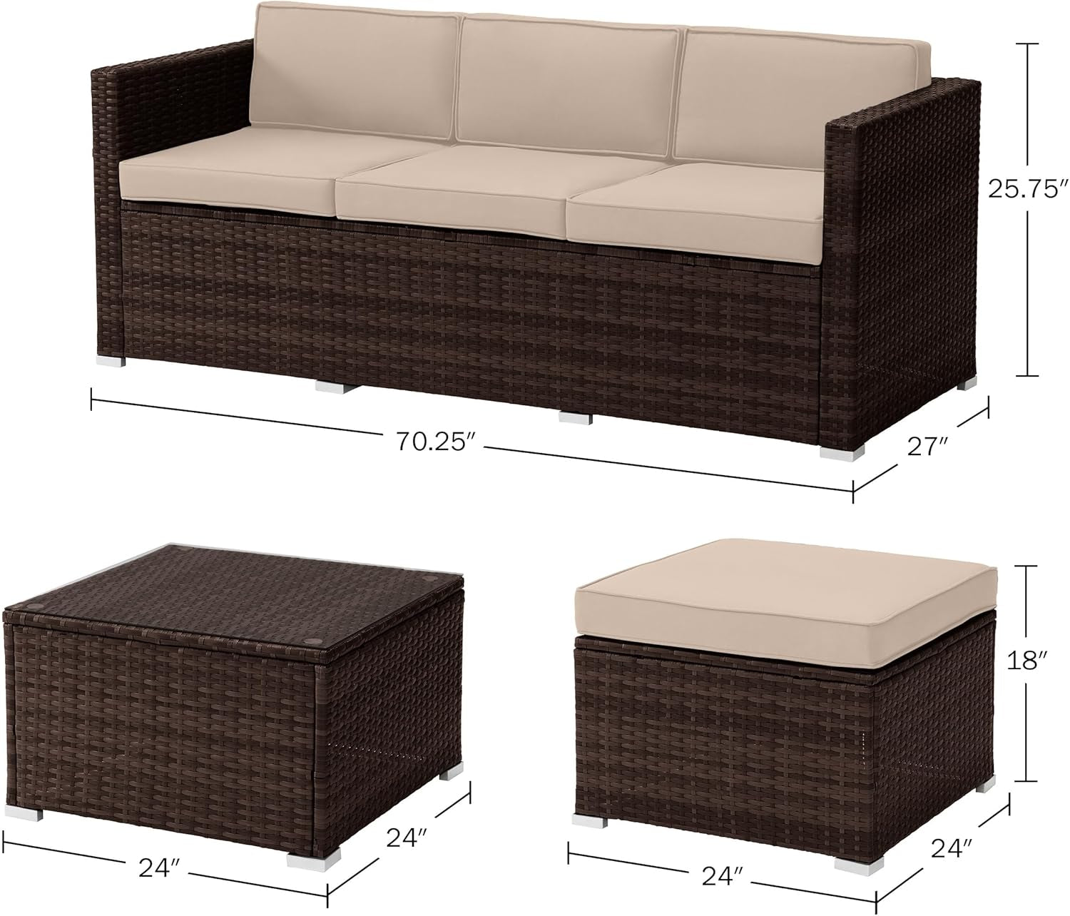Patio Furniture Set - 3-Piece Rattan Outdoor Sectional, Ottoman, and Table Combo - Deck, Pool, Sunroom, or Backyard Furniture (Brown)