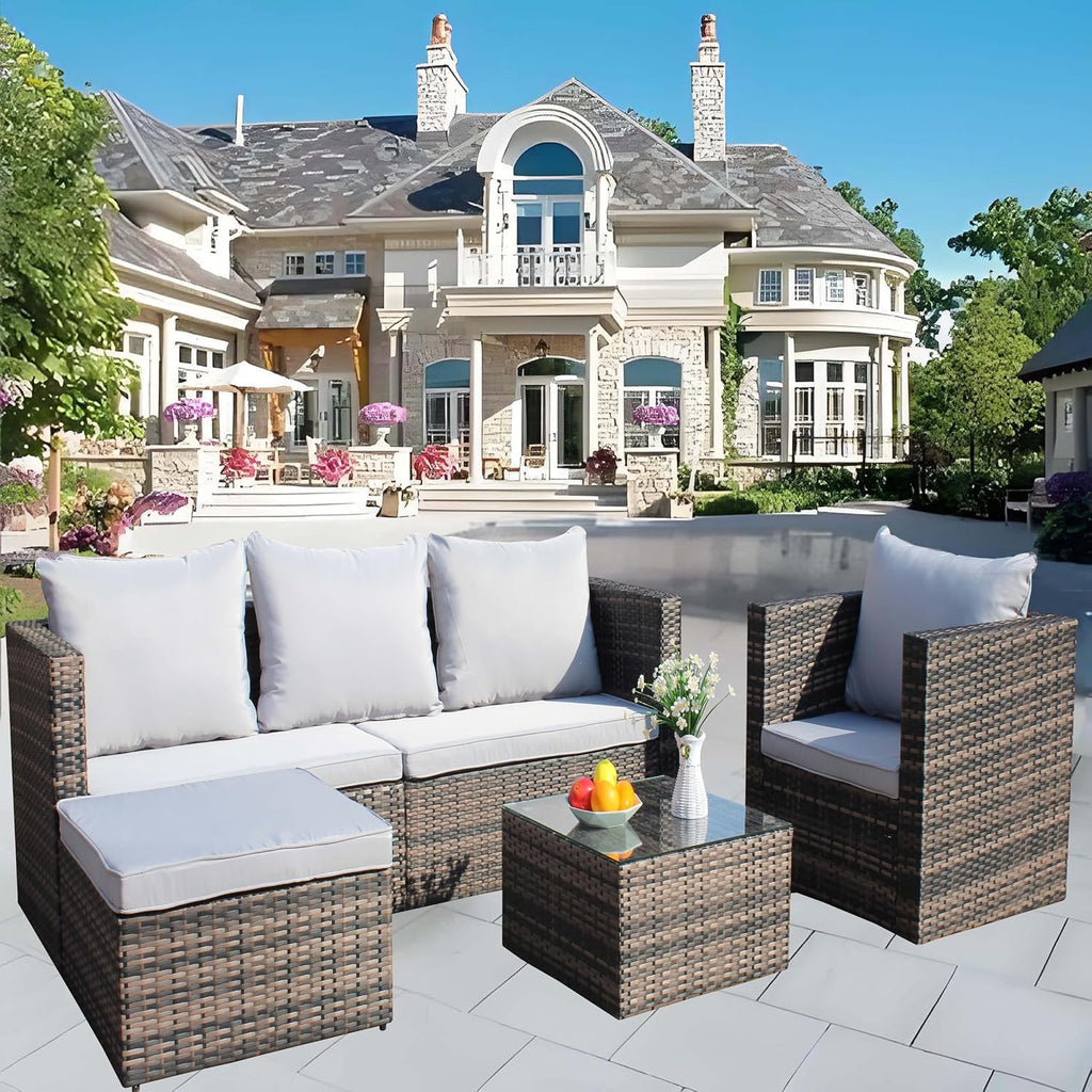 4 Piece Patio Furniture Set, Outdoor Patio Sofa with Thick Cushions, 4 Seat Outdoor Patio Sofa, 1 Single Chair, 1 Ottoman, 1 Table, Backyard Seat for Garden, Brown+Gray