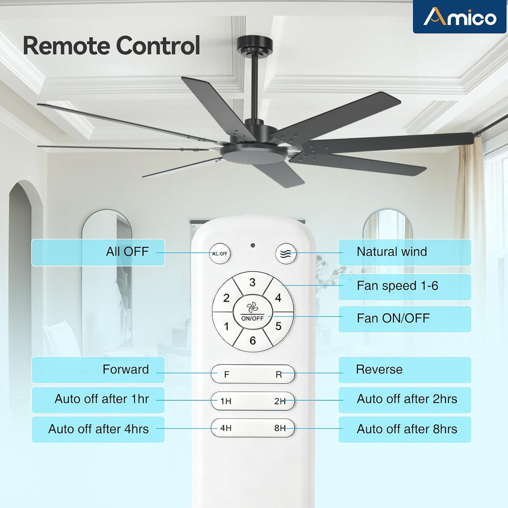 72 Inch Outdoor Ceiling Fan No Light with Remote,Black