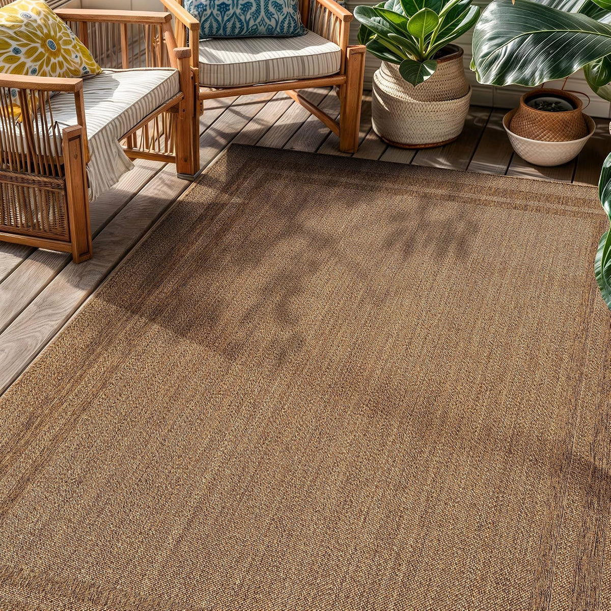 Modern Stripe Border Indoor Outdoor Rug Natural/Jute 4' X 6'