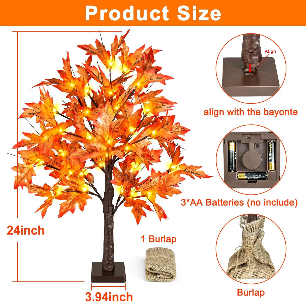 24 Inch Lighted Fall Maple Tree - 2FT Thanksgiving Tabletop Lamp Decor with 36 LED Lights, 72 Maple Leaves, 6 Acorns, Timer, Burlap Base, Battery Operated Fall Artificial Tree for Indoor
