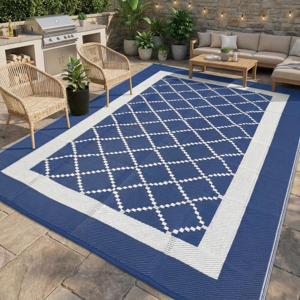 Outdoor Rug 8X10 Patio Waterproof Reversible Plastic Straw Rug, Large Uv-Resistant Portable RV Camping Mats with 4 Stakes & Carry Bag Boho Geometric Carpet for outside Deck Porch Garden, Navy