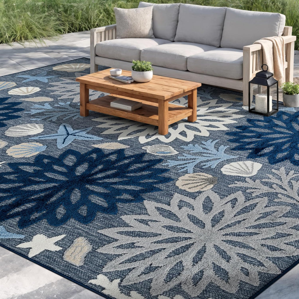 Coastal High-Low Textured Floral Indoor Outdoor Rug Navy 5' X 7'