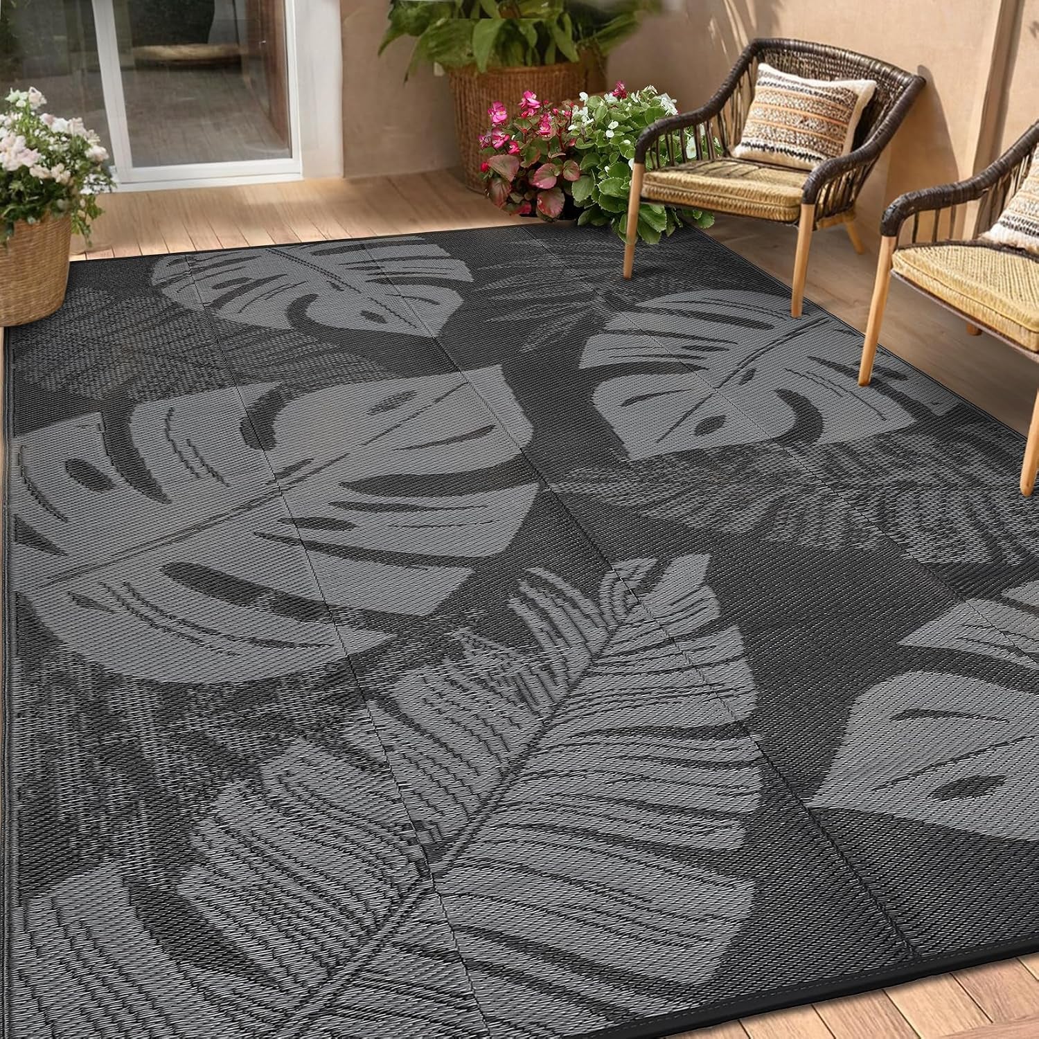 Outdoor Patio Rug 9X12 Waterproof Reversible Mat Leaf Tropical Outdoor Plastic Straw Rug with 4 Stakes and Starage Bag Portable Area Rug for Camping Porch Deck Rv Balcony Backyard Beach, Black