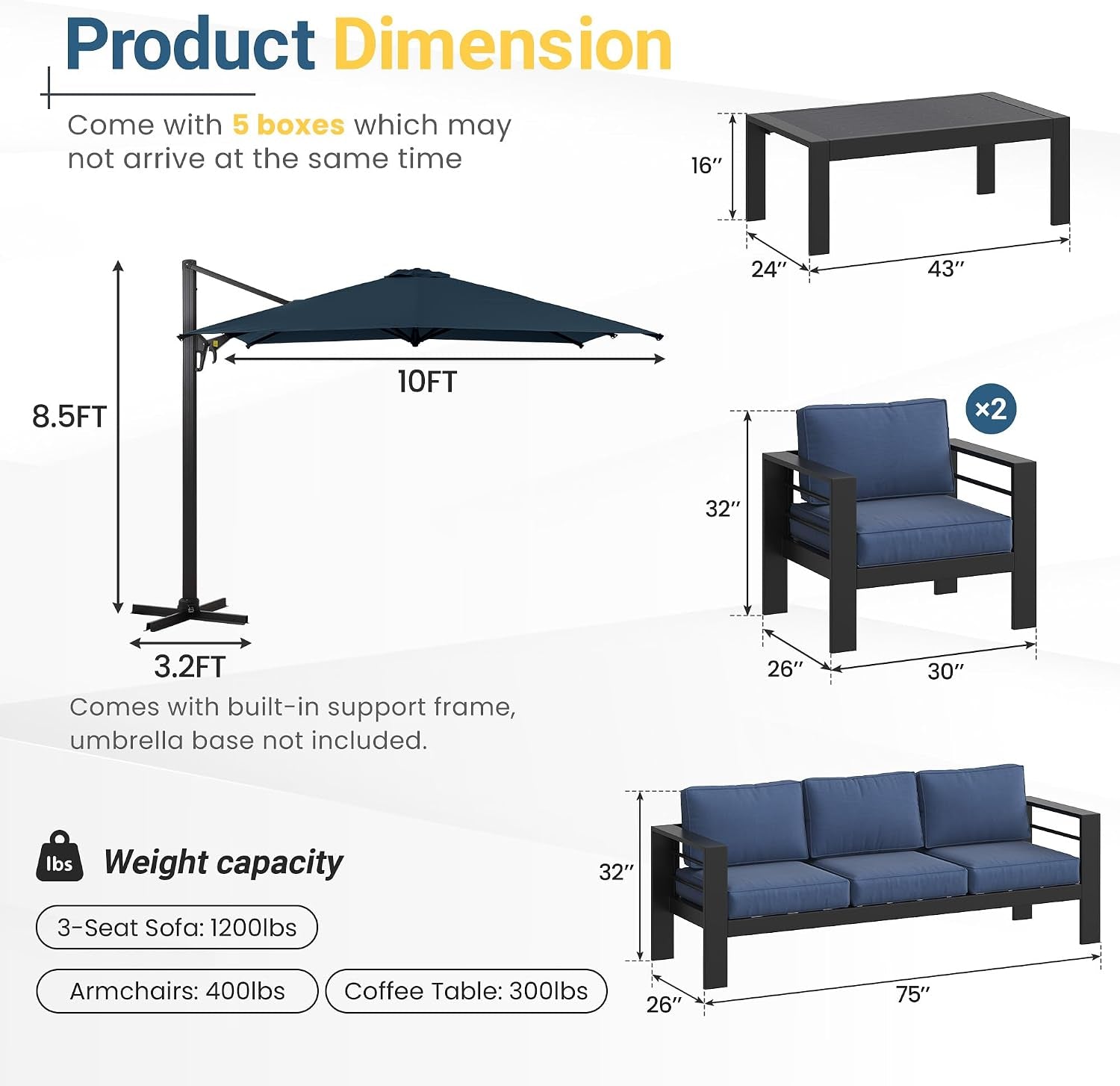 5 Pieces Aluminum Patio Furniture Set with Umbrella, All Weather Oversized Outdoor Furniture Set with Deep Seat and Back Cushion, Patio Conversation Sets with Wide Armrest, Blue & Navy
