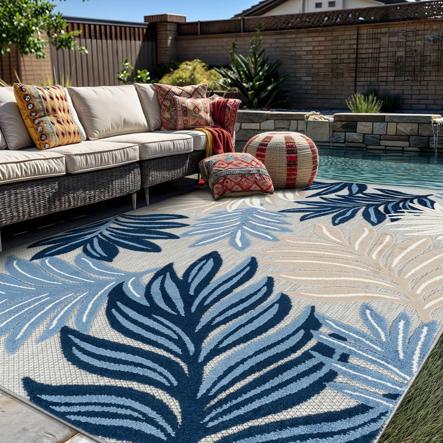 Transitional High-Low Textured Indoor Outdoor Rug Dark Blue 5' X 7'