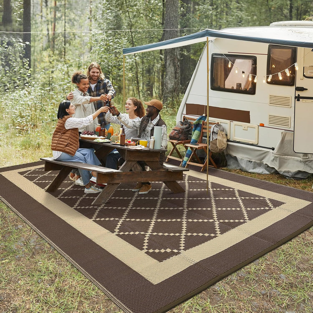 Outdoor Rug 9X18 Waterproof Reversible Plastic Straw Mat, Large Patio Rug Modern Area Rug Indoor Outdoor Rugs for Deck, Balcony, Camping, Beach, Picnic, Porch， Brown&Coffee