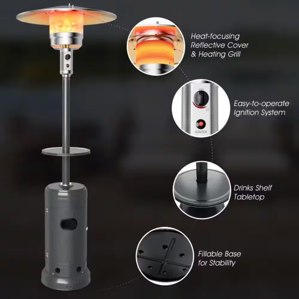 48,000 BTU Gray Outdoor Propane Patio Heater with Table and Wheels, Tip-Over Protection, Freestanding Outdoor Heater