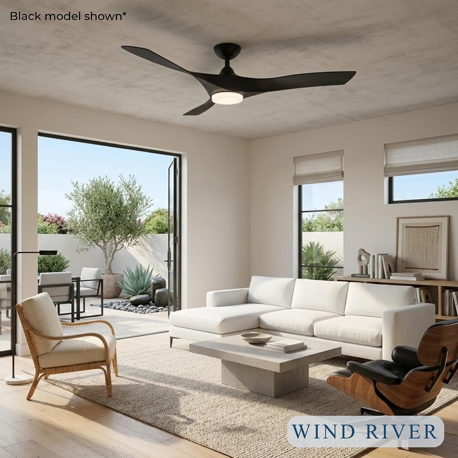WR1801MBVO Willow 60 Inch Indoor/Outdoor Smart Ceiling Fan | 1368 Lumens Integrated LED 3000K | Matte Black Finish with Vintage Oak Blades | Remote Control | 6 Speed DC Motor | Damp Rated
