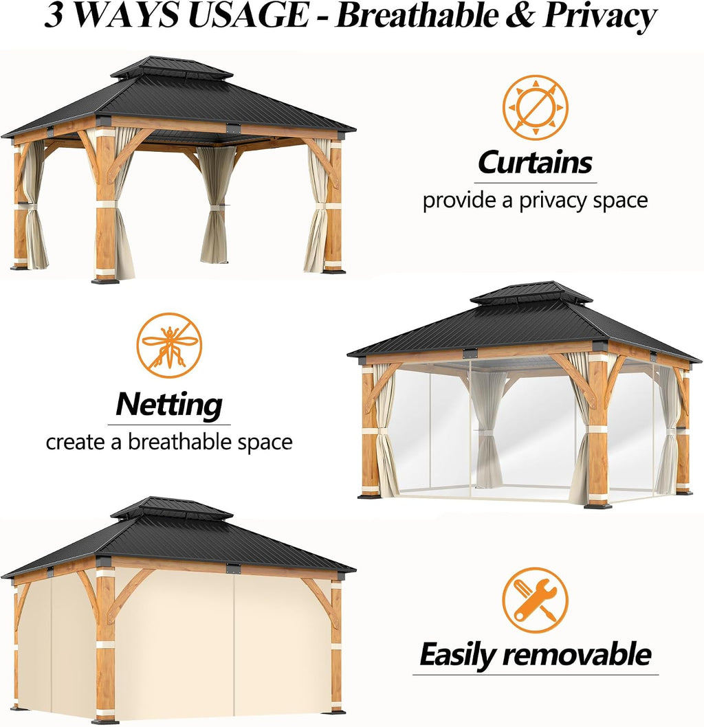 11’X 13’ Outdoor Spruce Wood Gazebo, Patio Hardtop Gazebo