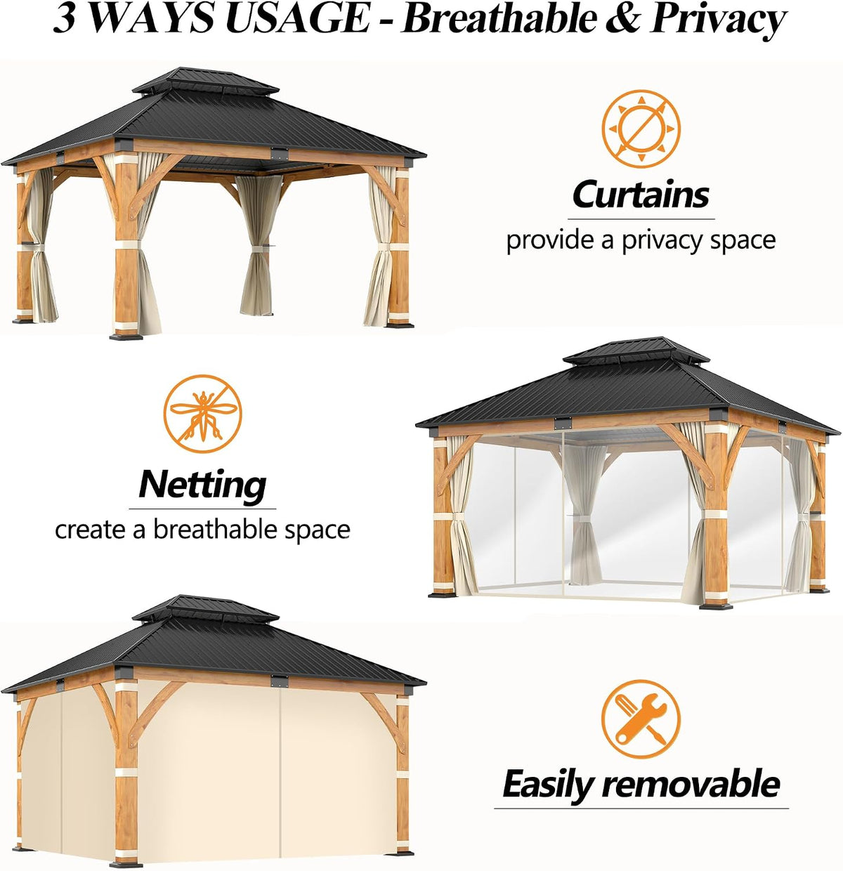11’X 13’ Outdoor Spruce Wood Gazebo, Patio Hardtop Gazebo