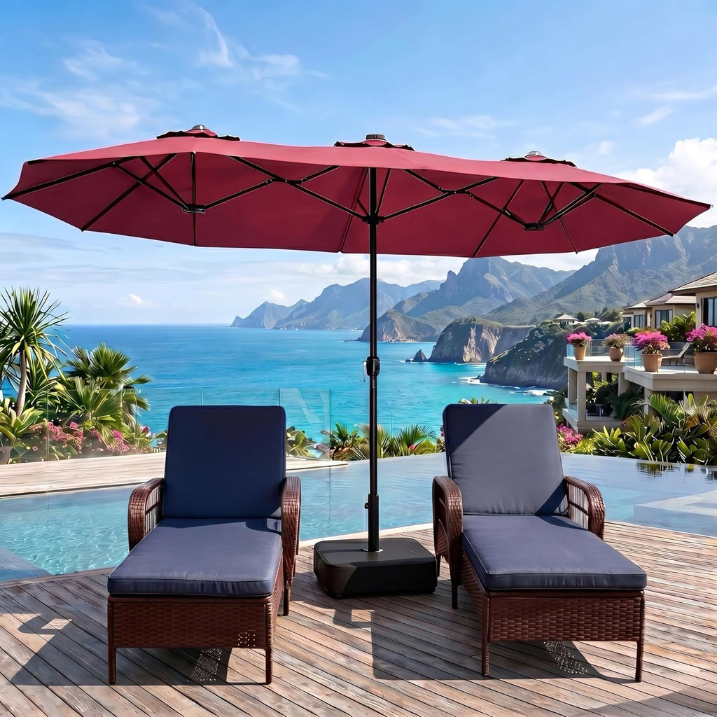 15FT Double-Sided Patio Umbrella with Base Included, Large Outdoor Rectangular Market Umbrella for Backyard, Poolside, Lawn & Garden