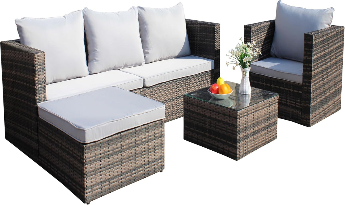 4 Piece Patio Furniture Set, Outdoor Patio Sofa with Thick Cushions, 4 Seat Outdoor Patio Sofa, 1 Single Chair, 1 Ottoman, 1 Table, Backyard Seat for Garden, Brown+Gray