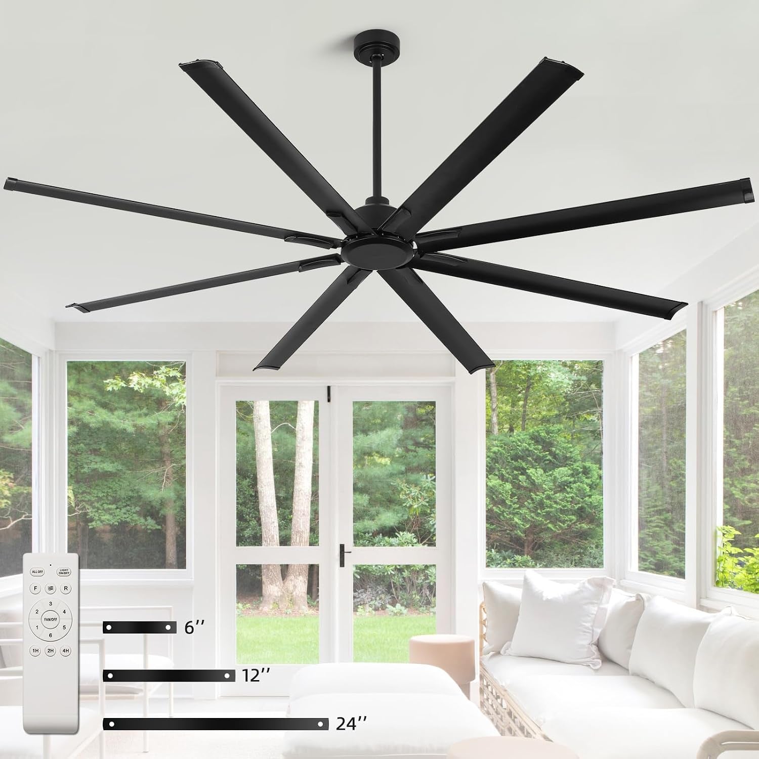 84 Inch Large Industrial Ceiling Fan No Lights, Reversible Dc Motor, 3 Downrods, 6 Speed Remote Control, 8 Aluminum Blades, Black Outdoor Fans for Shop/Gym/Warehouse/Garage