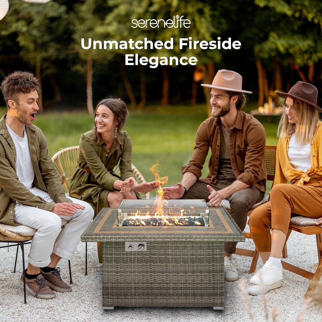 Sturdy Wicker Base Propane Fire Pit Table with Tile Top, Patio Heater & Propane Heater, Sliding Door, Stainless Steel Burner, Tempered Glass Wind Guard, 50000 BTU, Weather Resistant