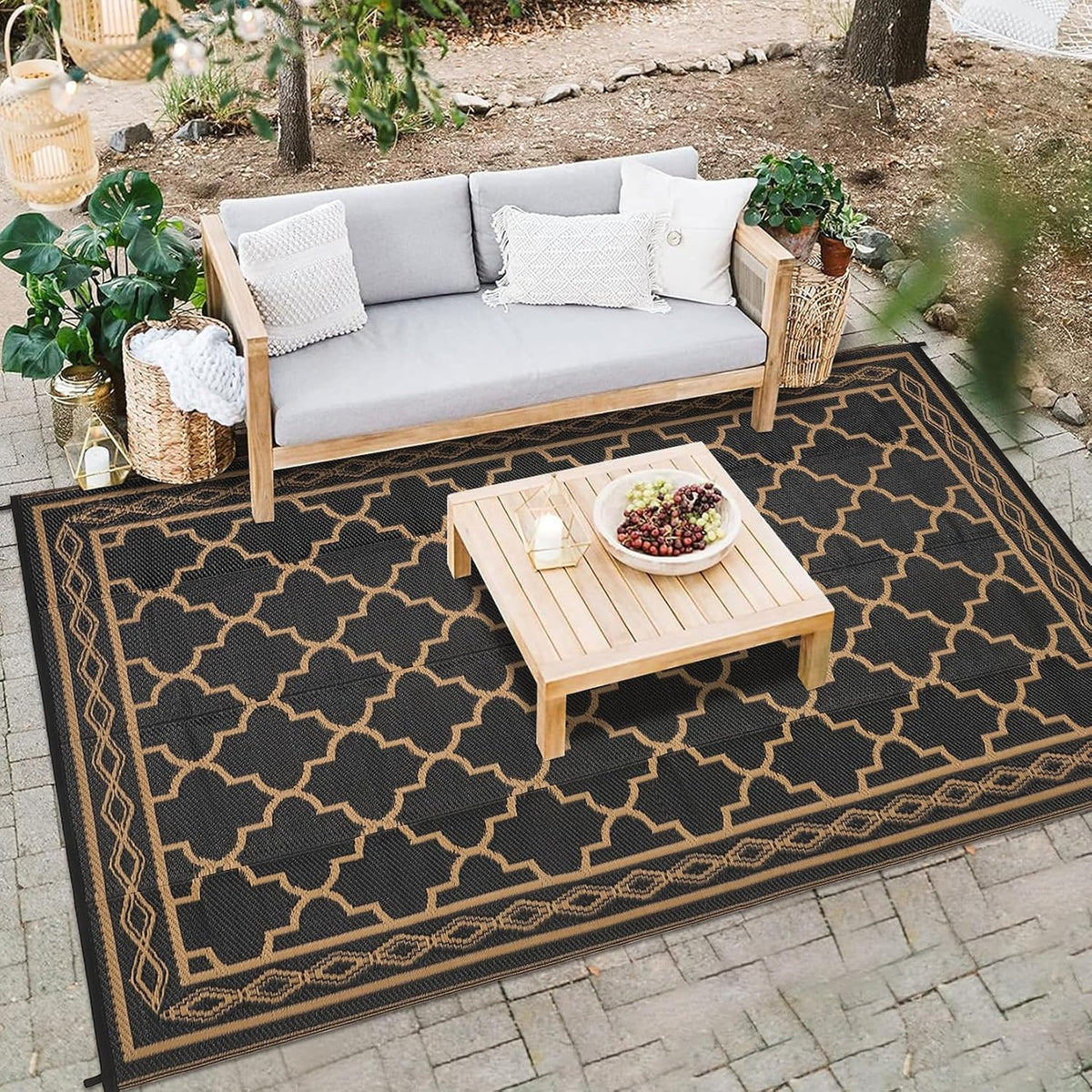 Outdoor Rug 9X18 Reversible Outdoor Plastic Area Rug Modern Decorative Carpet for Patio Deck Balcony, Waterproof Lightweight RV Mat for Porch,Camper,Backyard, Black/Brown