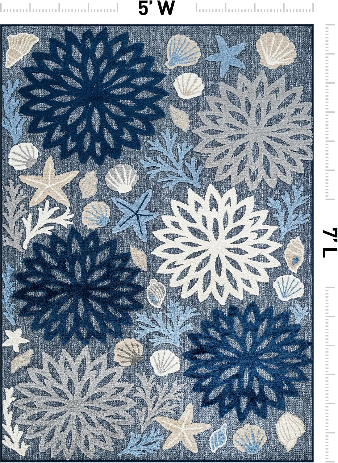 Coastal High-Low Textured Floral Indoor Outdoor Rug Navy 5' X 7'