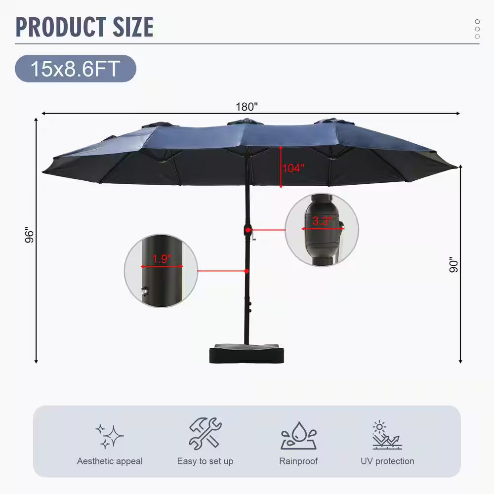 15 Ft. Market Patio Umbrella with Crank, UPF50+ Polyester Canopy and Weighted Base in Navy Blue