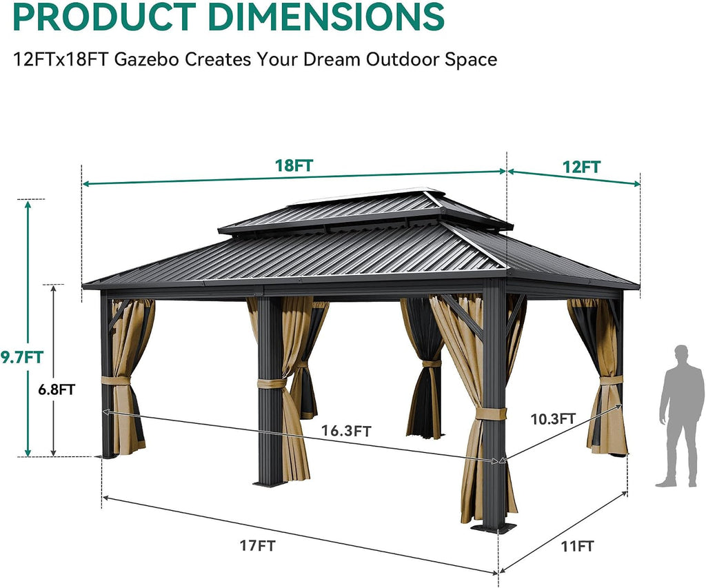 12X18FT Meatl Hardtop Gazebo Metal Double Roof
