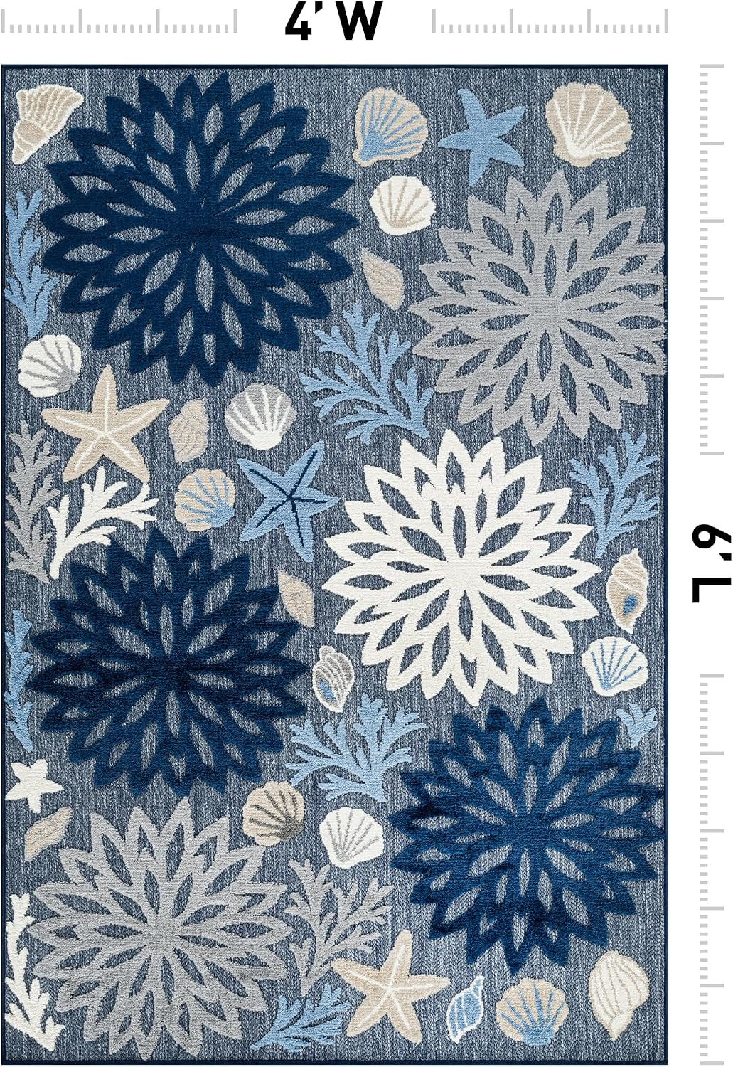 Coastal High-Low Textured Floral Indoor Outdoor Rug Navy 4' X 6'