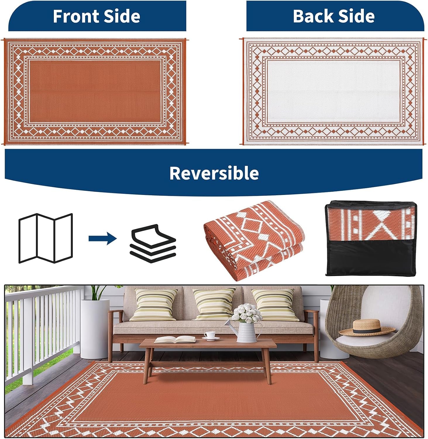 Outdoor Rug 8X10 Waterproof Patio Rugs Modern Bordered Reversible Mat for Front Door Rv Foldable Plastic Straw Carpet for Travel Trailers, Deck, Picnic, Porch, Camper, Balcony, Beach, Terracotta