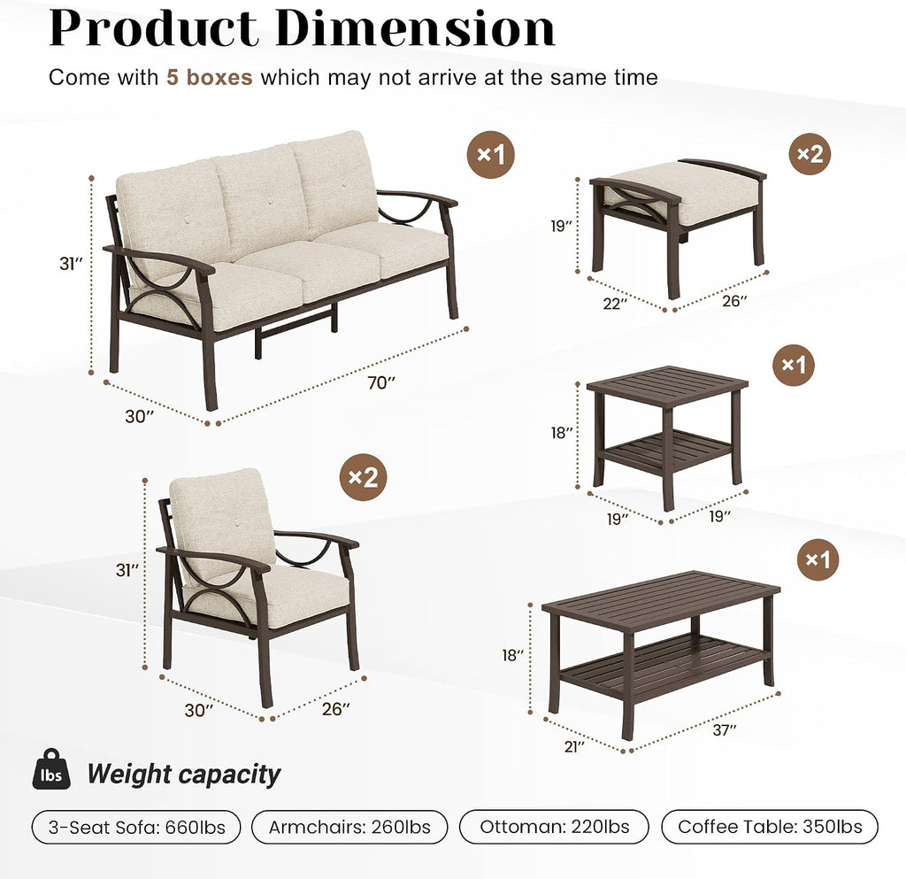 7-Pieces Outdoor Patio Furniture Set, Outdoor Metal Sectional Furniture with Cushions, Outdoor Conversation Seating Set with Coffee Table for Backyard,Garden, Balcony, Deck, Backyard, Khaki