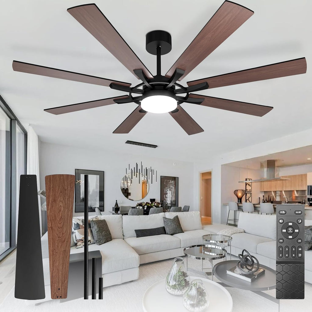 72-Inch Ceiling Fan with Light: Modern 8-Blade Walnut and Black Indoor Outdoor Fans with Remote Control Dimmable Light - Ultra Quiet DC Motor Reversible 6 Speed Timer