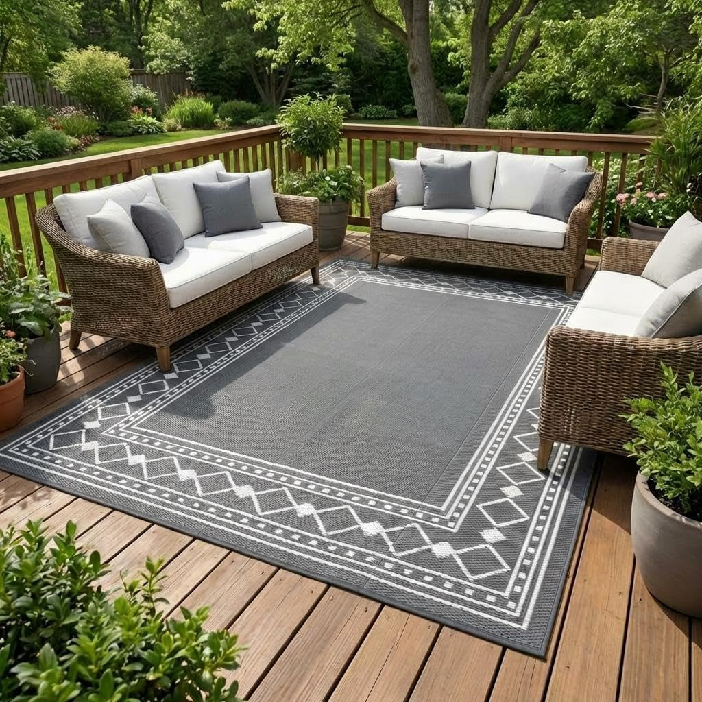 Outdoor Rug 8X10 Waterproof Patio Rugs Modern Bordered Reversible Mat for Front Door Rv Foldable Plastic Straw Carpet for Travel Trailers, Deck, Picnic, Porch, Camper, Balcony, Beach, Grey