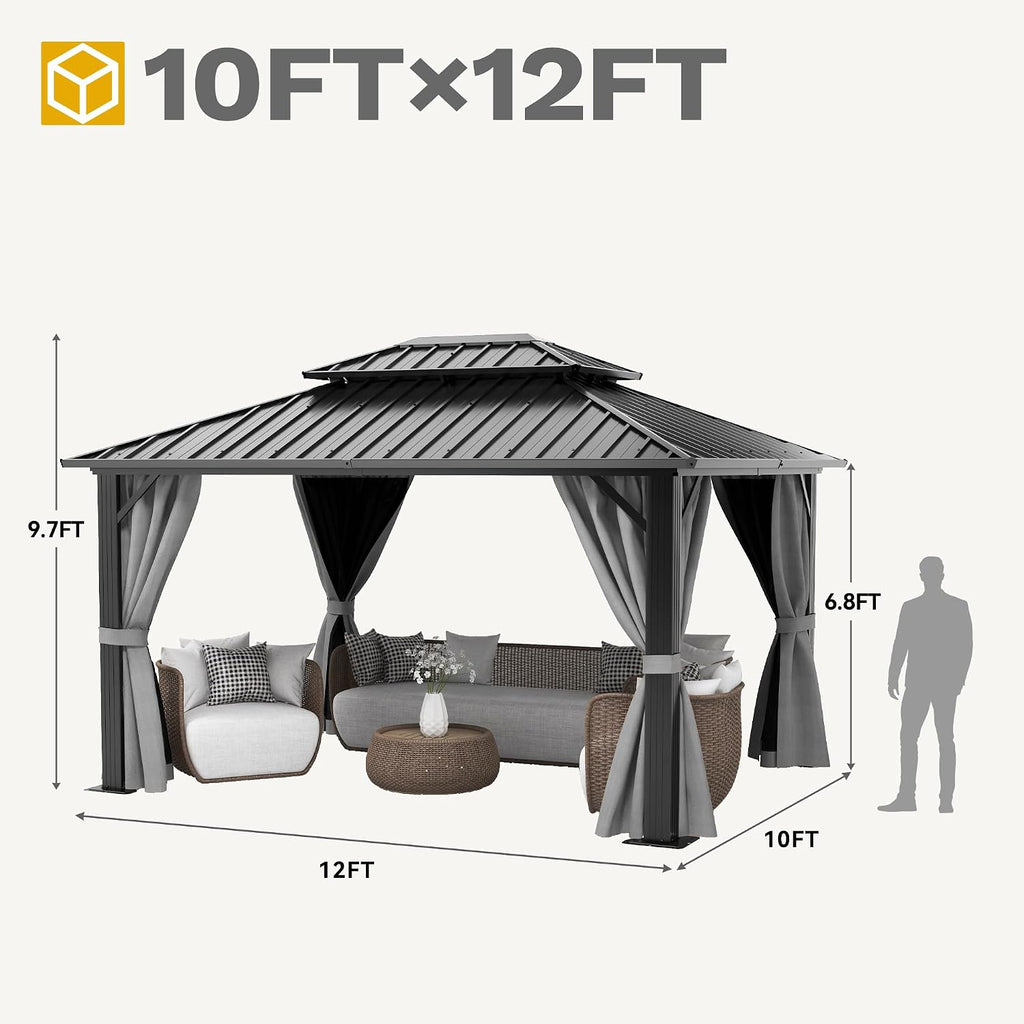 10X12Ft Hardtop Gazebo Double Roof with Nettings and Curtains