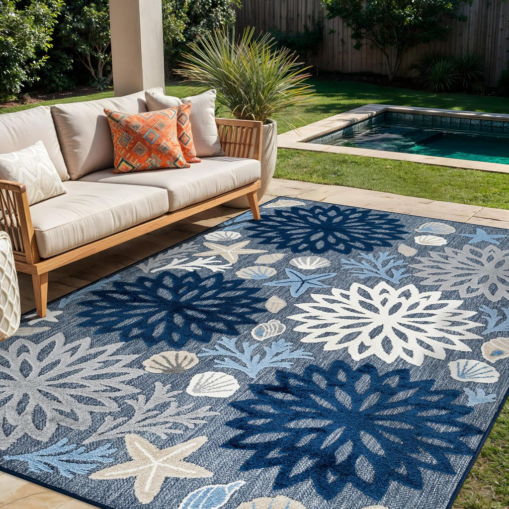 Coastal High-Low Textured Floral Indoor Outdoor Rug Navy 5' X 7'