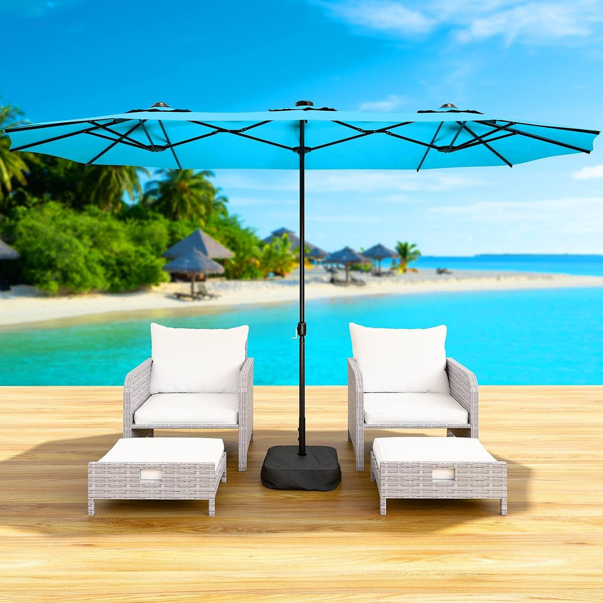 15FT Double-Sided Patio Umbrella with Base Included, Large Outdoor Rectangular Market Umbrella for Backyard, Poolside, Lawn & Garden