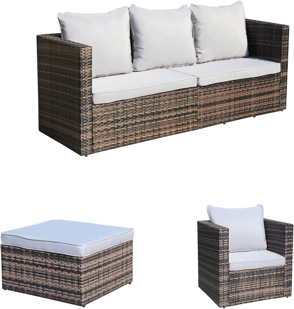 4 Piece Patio Furniture Set, Outdoor Patio Sofa with Thick Cushions, 4 Seat Outdoor Patio Sofa, 1 Single Chair, 1 Ottoman, 1 Table, Backyard Seat for Garden, Brown+Gray