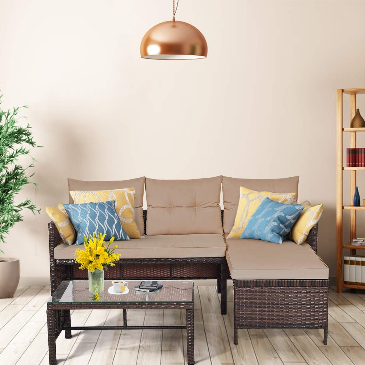 Patio Corner Sofa Set 3 Piece, Outdoor Rattan Sofa Set, Includes Lounge Chaise, Loveseat & Coffee Table, Patio Garden Poolside Lawn Backyard Furniture