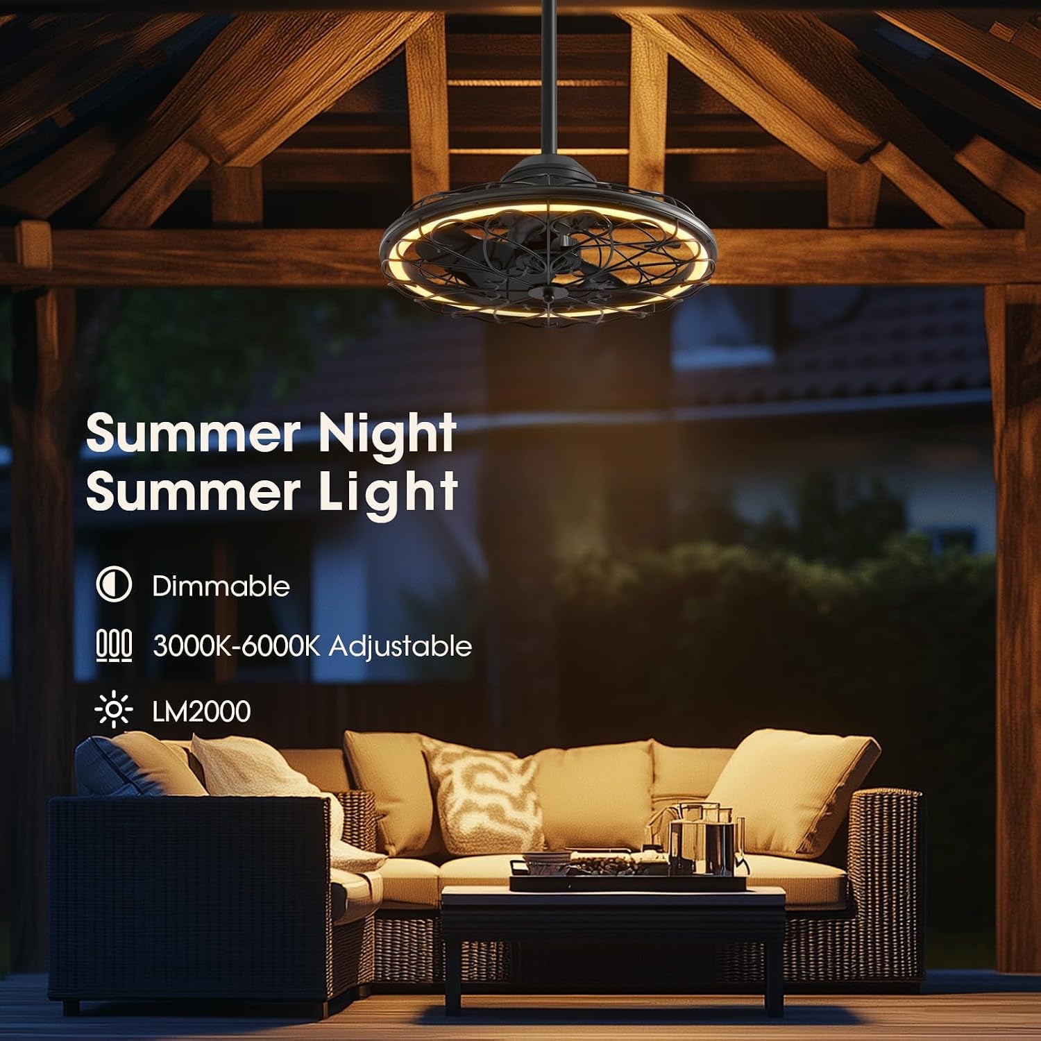 20" Outdoor Ceiling Fan, IP65 Waterproof Gazebo Fan with Light, Remote Control，6 Speeds，3Cct, Plug in Caged Ceiling Fan with Hanging Hook for Patio, Porch, Canopy