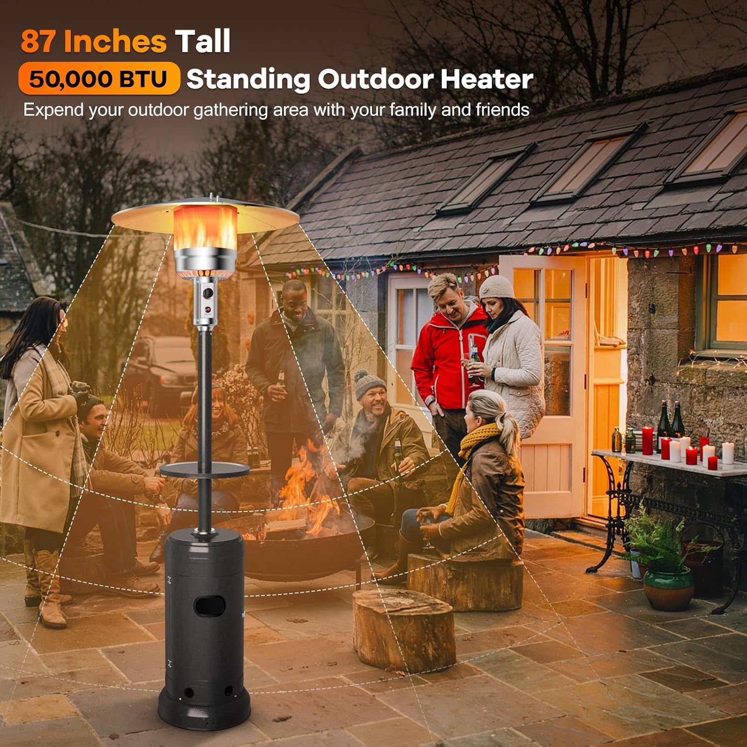 Outdoor Propane Heater, 50000 BTU Standing Gas Heater W/Shelf Tabletop & Wheels, Tip-Over Protection & Auto Shut Off, CSA Certified, Portable Patio Heaters for Home & Commercial Use (Grey)