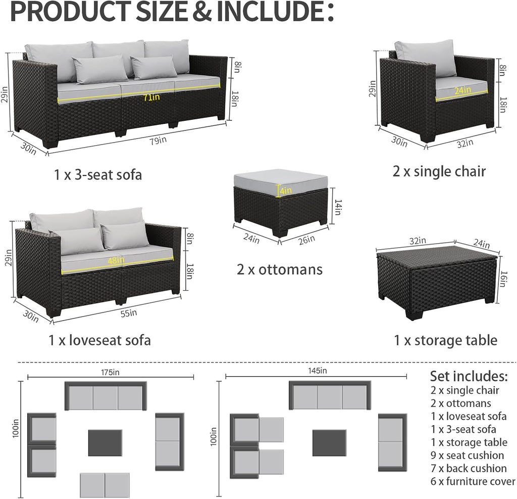 Patio Furniture Sets 7 Pieces Outdoor Furniture Sectional Patio Couches Set with Storage Table Light Grey Cushions