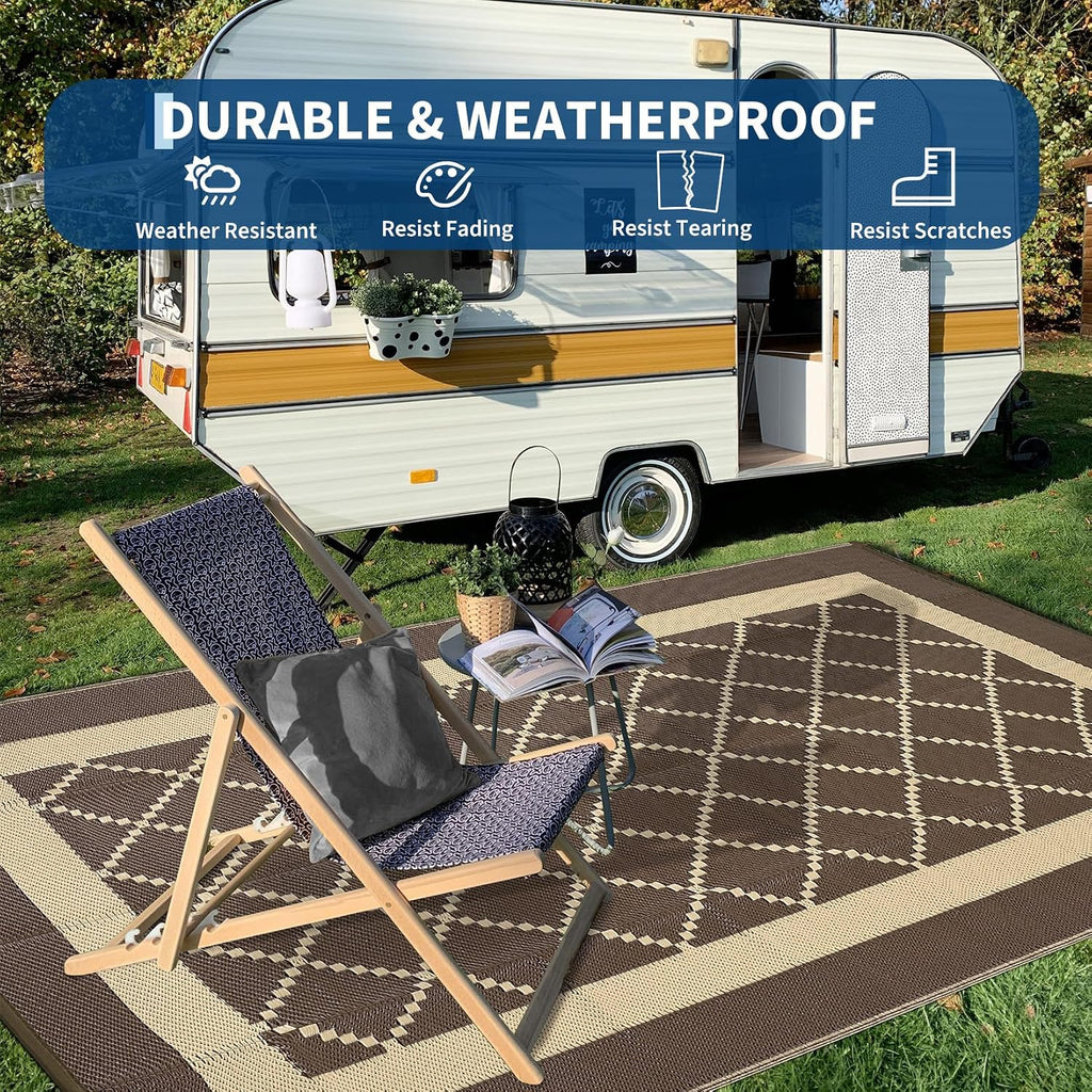 Outdoor Rug 9X18 Waterproof Reversible Plastic Straw Mat, Large Patio Rug Modern Area Rug Indoor Outdoor Rugs for Deck, Balcony, Camping, Beach, Picnic, Porch， Brown&Coffee