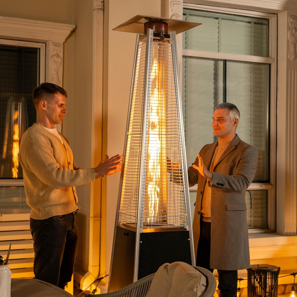Outdoor Propane Patio Heater, 48,000 BTU Pyramid Outdoor Heater with Wheels, Hammered Bronze Tower Portable Heater with Oxford Cover for Garden, Terrace, Black