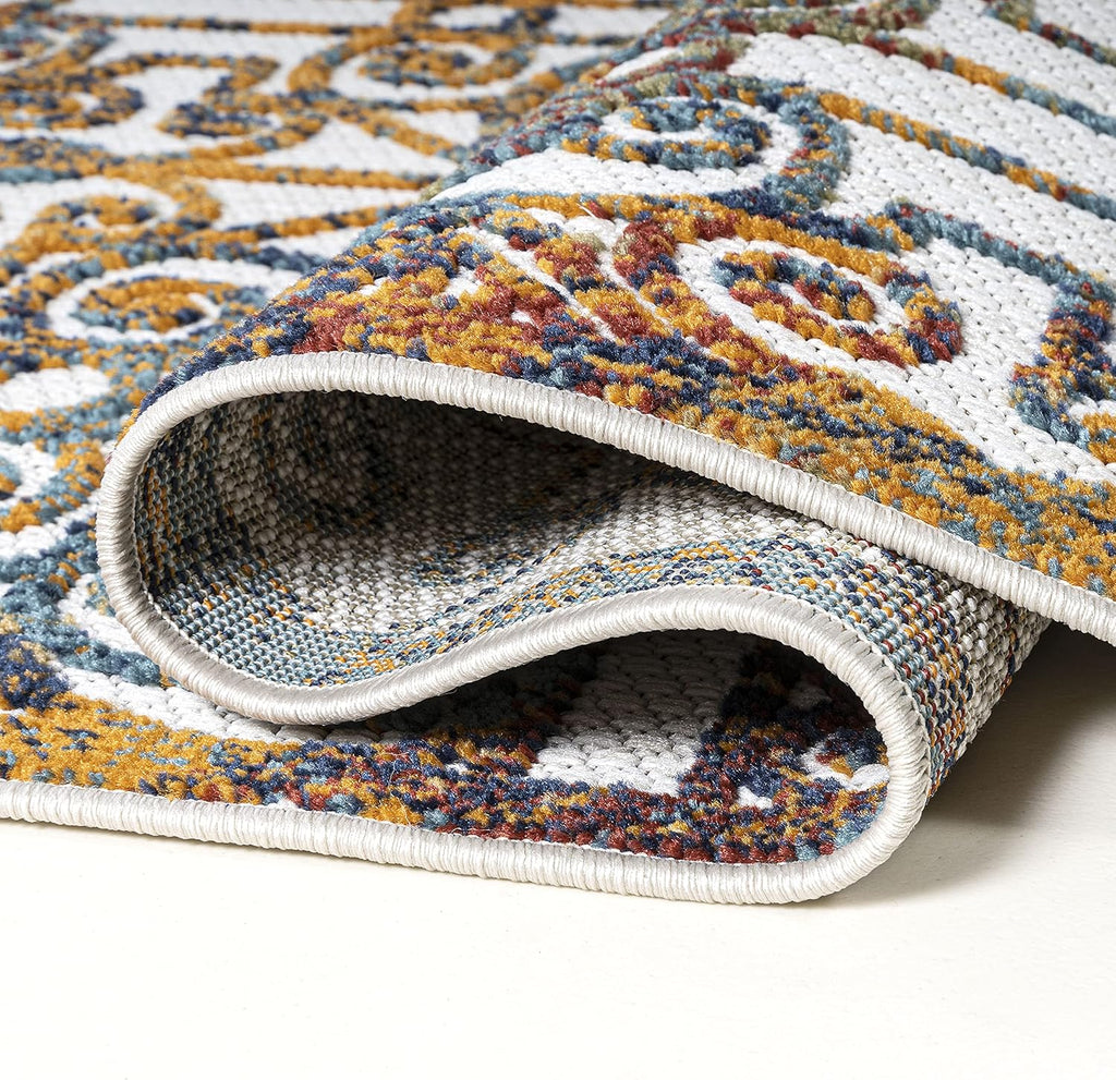 Ornate Trellis Indoor Outdoor Runner Rug 2X8 Cream/Blue/Orange, Cetara for Backyard, Patio, Porch, Easy-Cleaning, High Traffic, Pet-Friendly, Non-Shedding (AMC111A-28)
