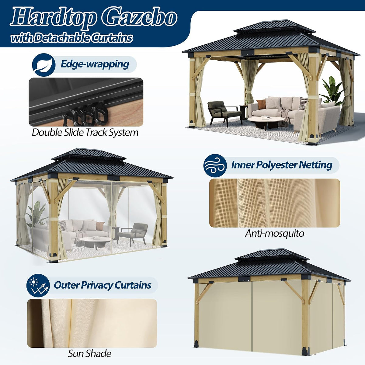 11FT X 13FT Outdoor Wooden Gazebo with Netting & Curtains, Beige